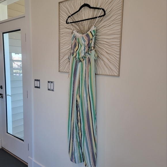 Anthropologie Le Lis Green Blue Striped Strapless Wide Leg Jumpsuit Pantsuit - Picture 11 of 16